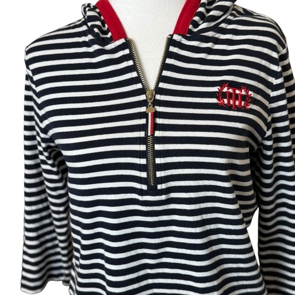 Tommy Hilfiger Quarter Zip Navy White Striped Knit Hoodie Red Embroidery Medium - Picture 2 of 10
